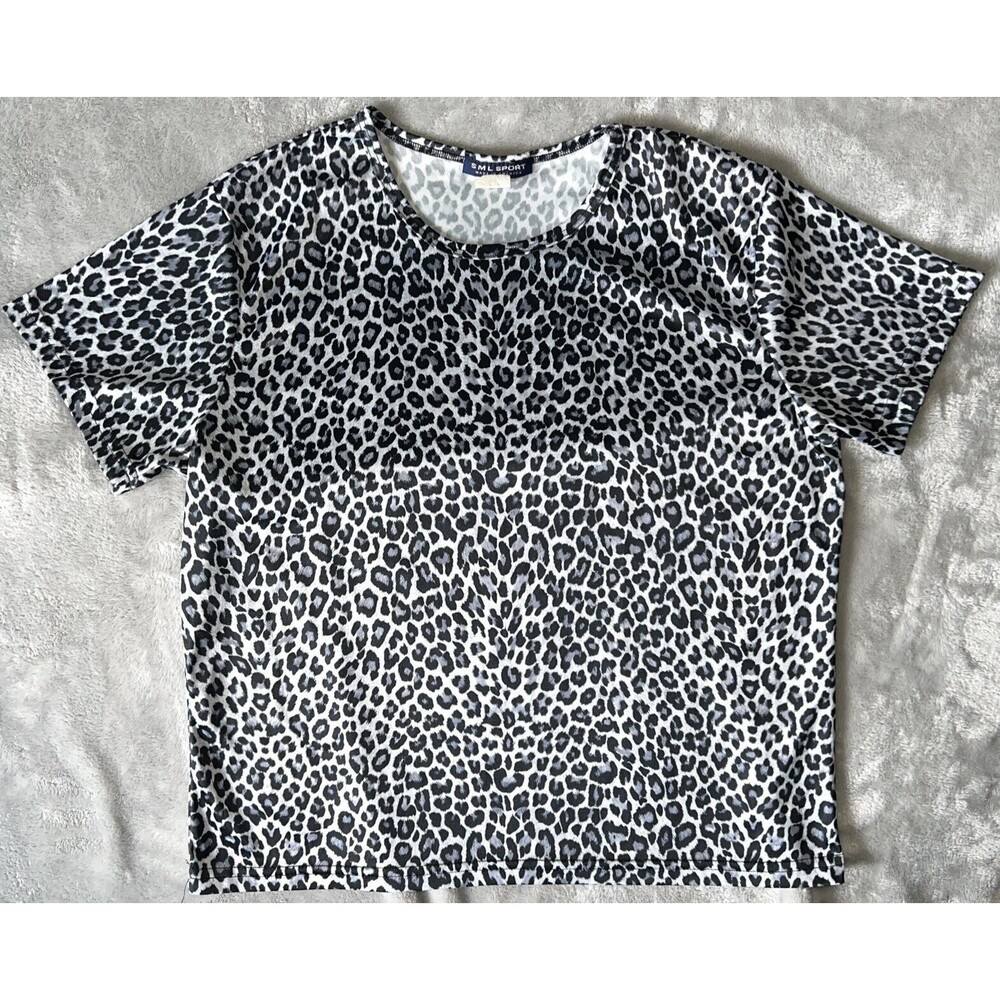 SML Sport Vintage 80s Womens L Top Leopard Print silver Top Stretch USA Made